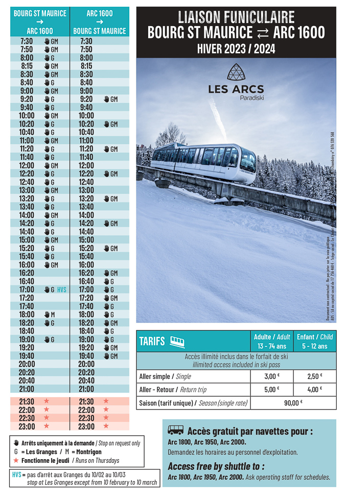 Les Arcs funicular 2023-24 timetable